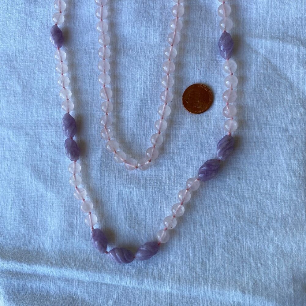 Vintage Rose Quartz Necklace 8mm Bead Dia. w/9 Oval Amethyst Beads. 31" Long NEW